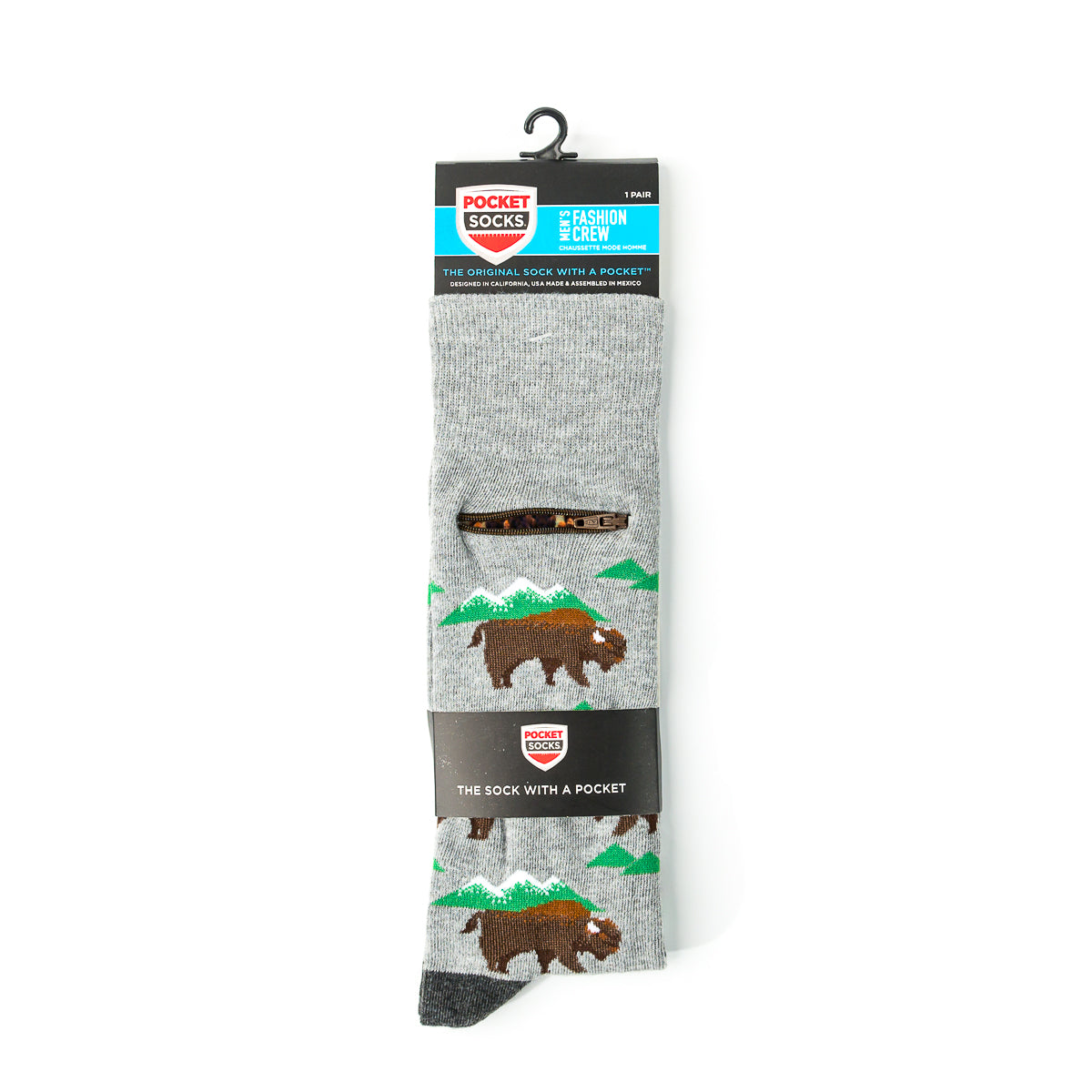 Pocket Socks® Bison on Grey, Mens