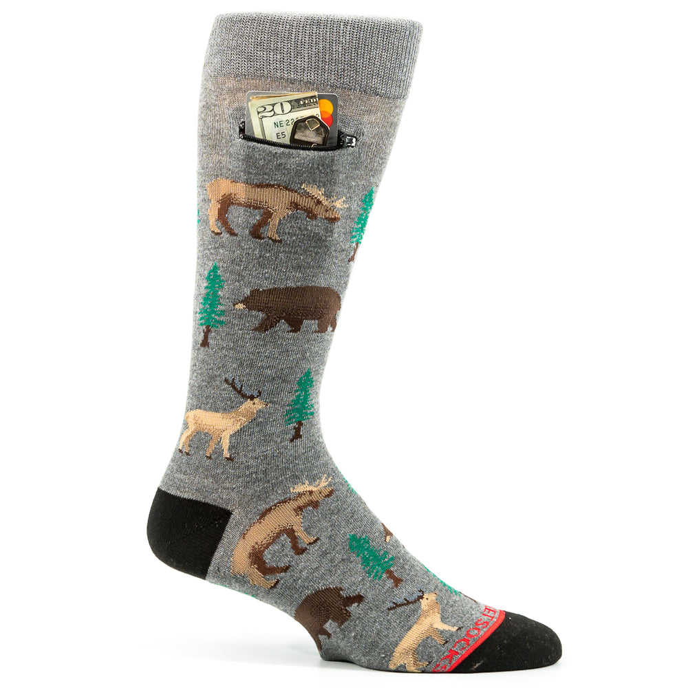 Pocket Socks® Moose Elk and Bear on Grey, Mens