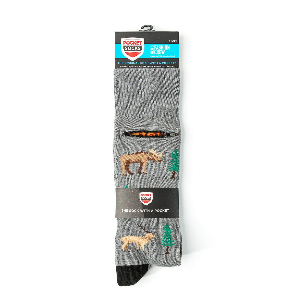 Pocket Socks® Moose Elk and Bear on Grey, Mens