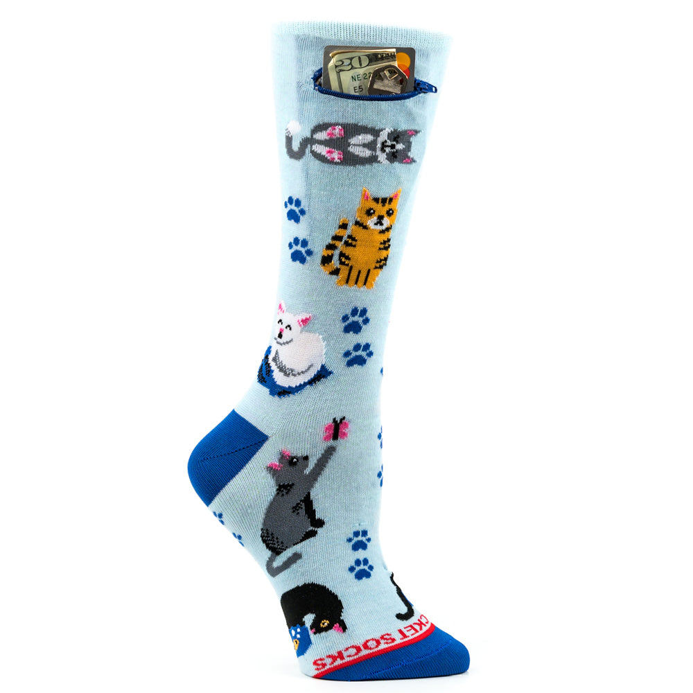 Pocket Socks® Cats on Blue, Womens