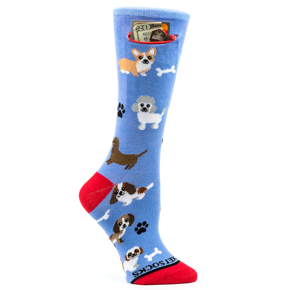 Pocket Socks®  Dogs on Blue with Red, Womens