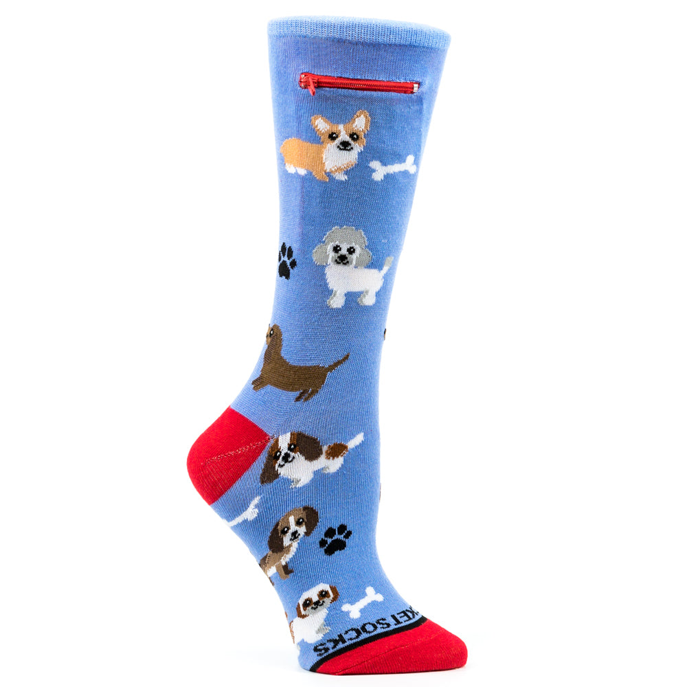 Pocket Socks®  Dogs on Blue with Red, Womens