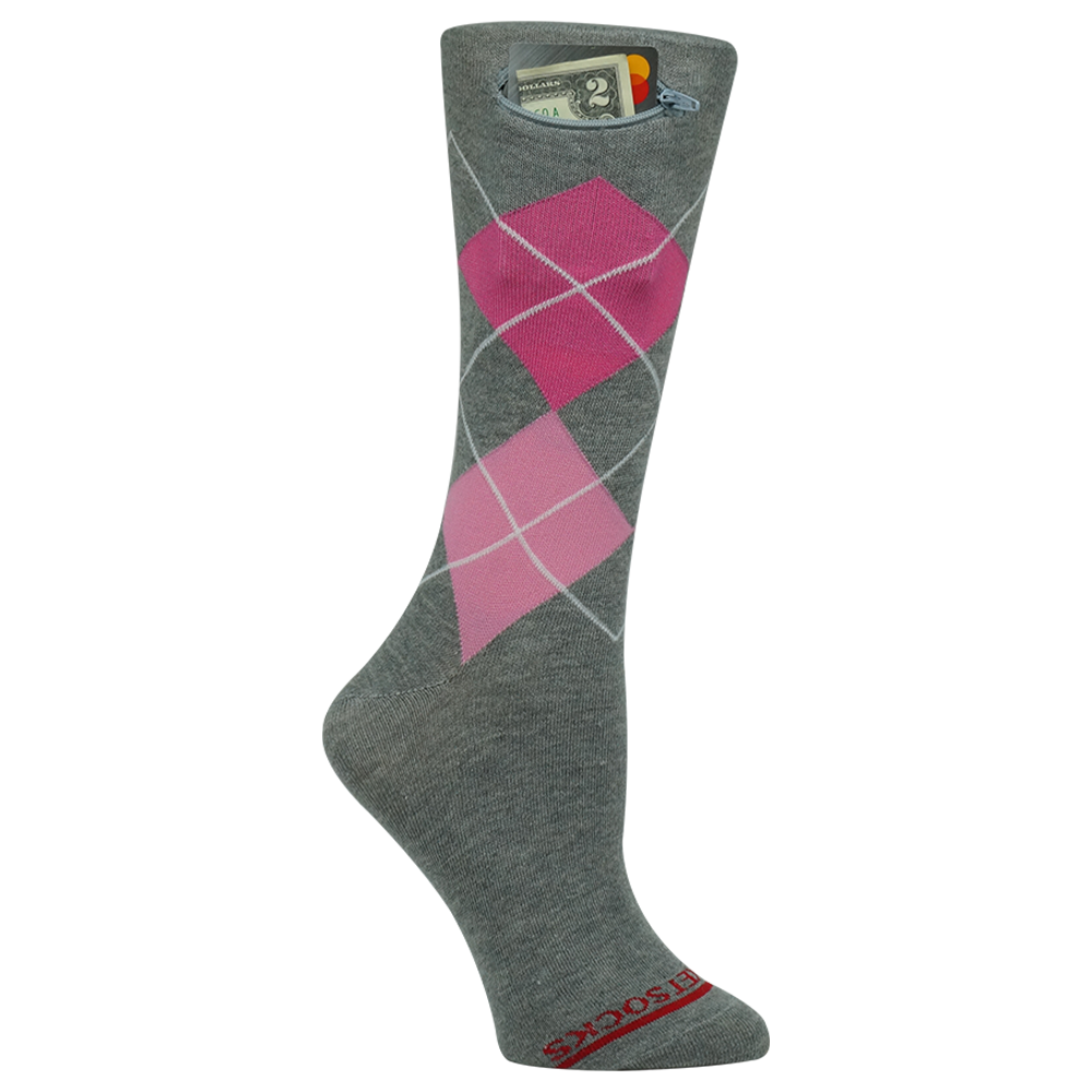 Pocket Socks® Grey/Pink Argyle, Womens