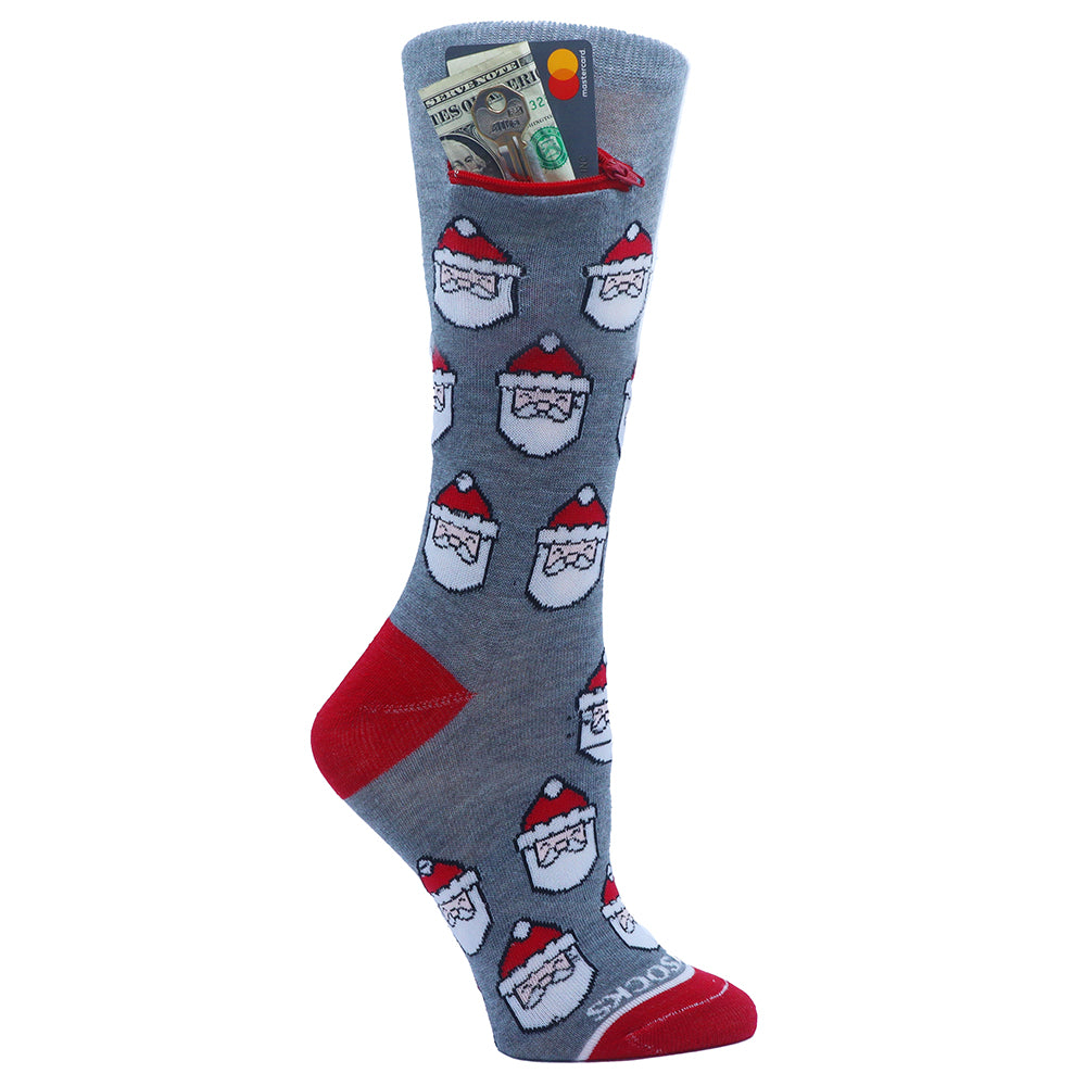 Santa on Grey Pocket Socks® , Womens, One Size