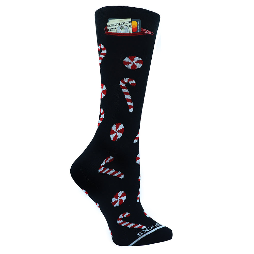Candy Canes on Black Pocket Socks®, Womens, One Size